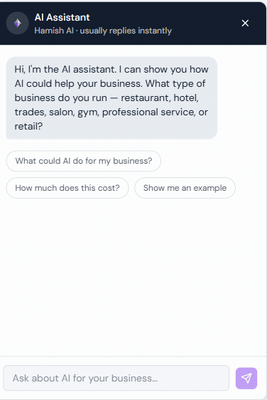 A real conversation with the Hamish AI chat assistant, answering a customer's question about walk-ins